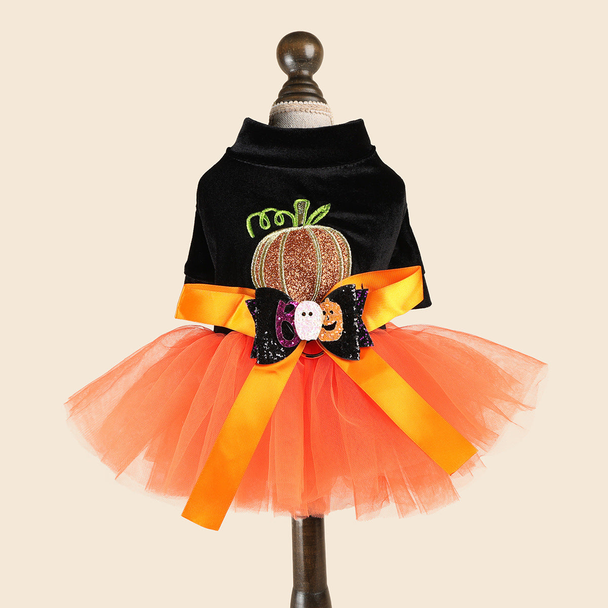 Halloween Pumpkin Pet Tulle Skirt Velvet Ghost Bow Dress for Dogs and Cats Holiday Costume
